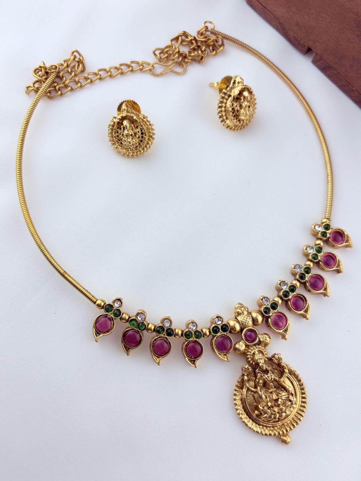 Matte finish lakshmi pendant temple neckset with traditional south indian design