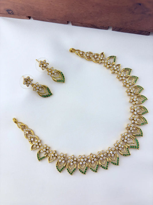 Elegant floral and leaf pattern premium AD matte finish neckset