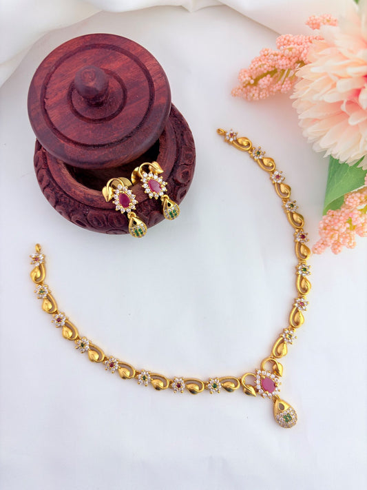Elegant AD stone necklace in premium matte finish with matching earrings