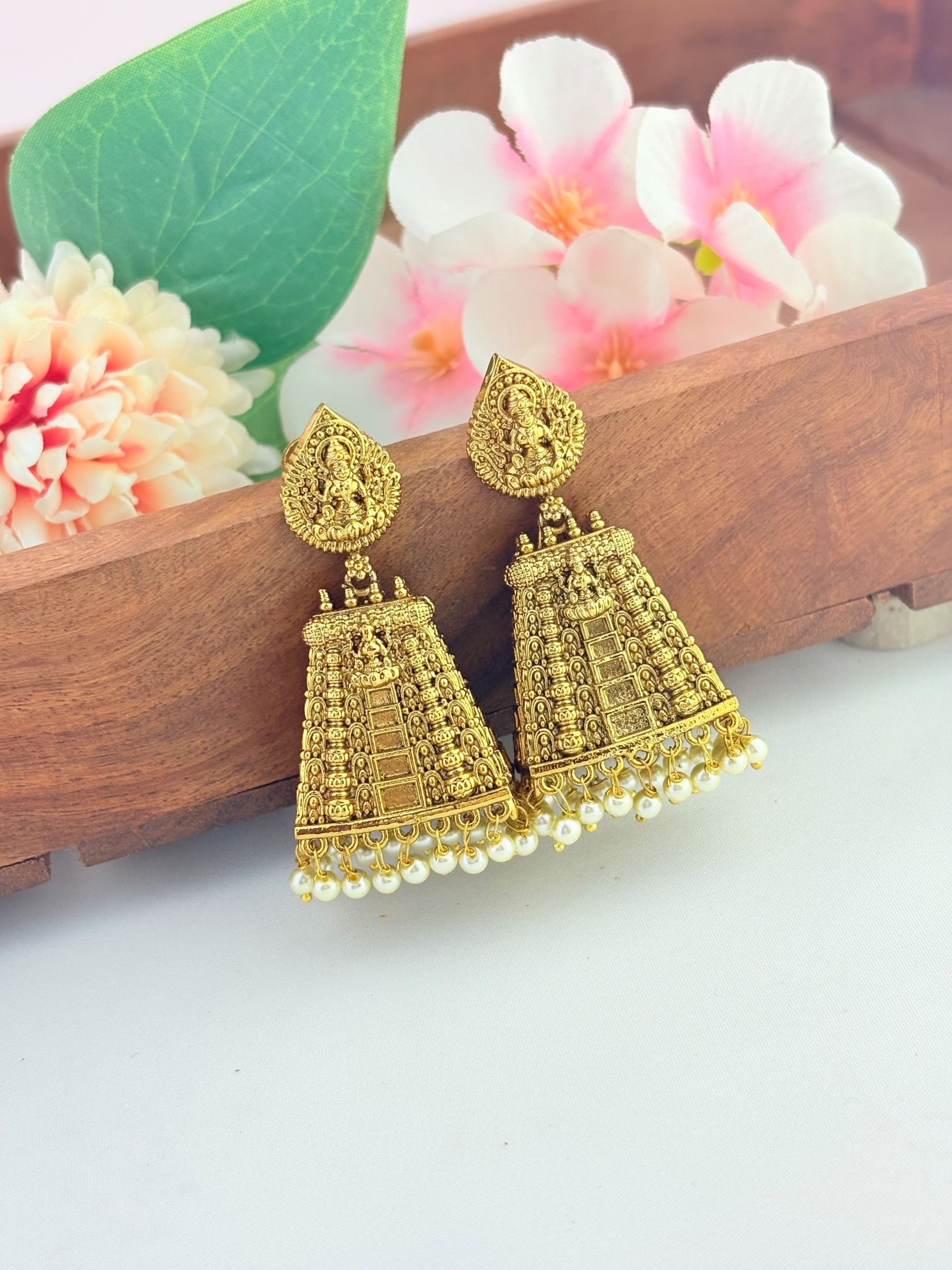 Premium matte finish gopuram jhumka beautifully crafted wtih pearl drops