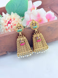 Intricately crafted Gopuram jhumka with enamel finish