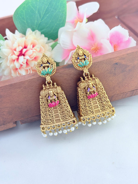 Intricately crafted Gopuram jhumka with enamel finish