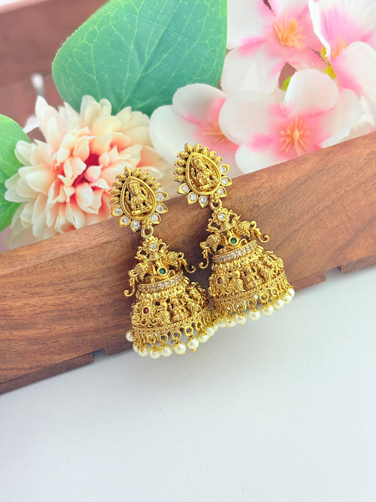 Traditional Lakshmi jhumka crafted with a premium matte finish