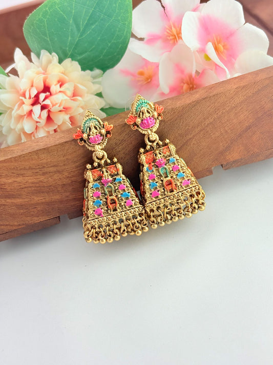 Elegant gopuram jhumka beautifully crafted wtih enamel work and golden beads