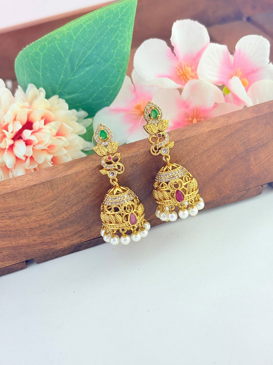 Premium matte finish peacock patterned jhumka with intricate detailing