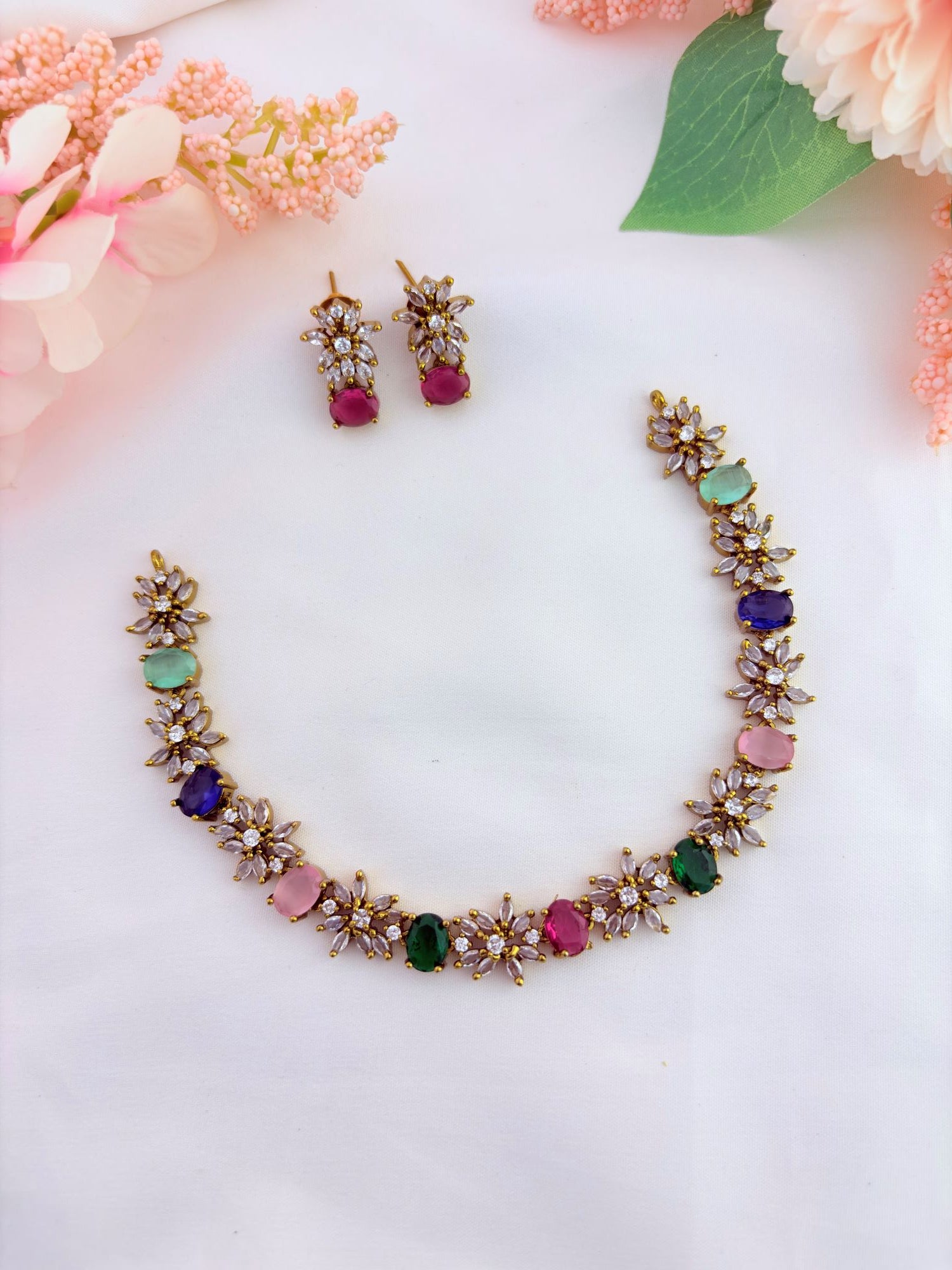 Classic floral pattern CZ premium matte finish necklace with matching earrings