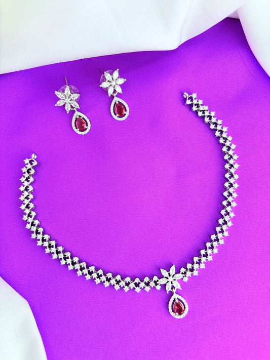 Elegant premium AD stone necklace paired with matching earrings in silver finish
