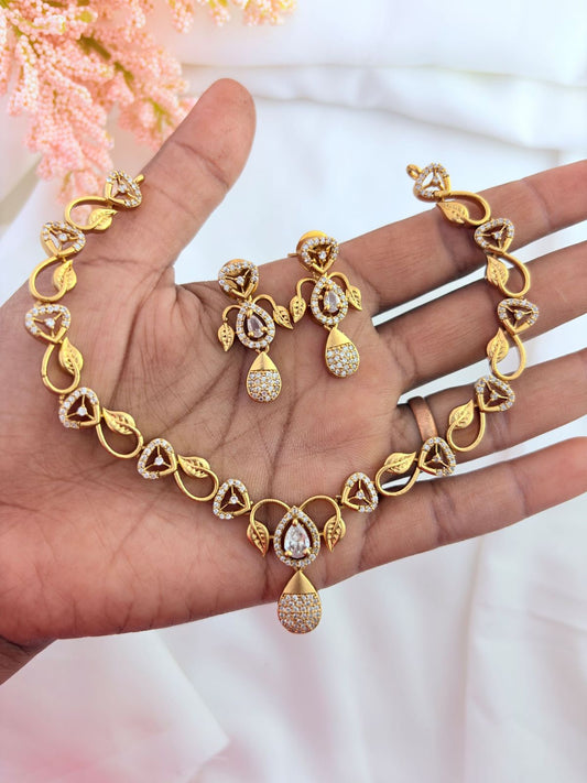Trending pattern AD stone neckset in premium matte finish paired with matching earrings