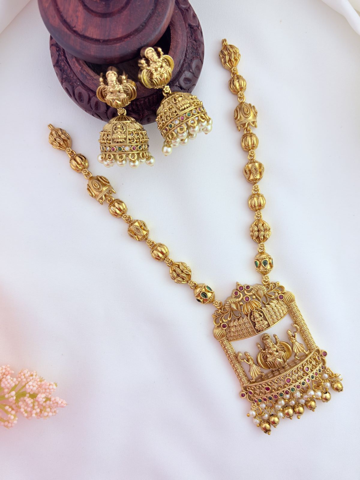 Temple jewellery -Premium matte finish Lakshmi pendant chain with matching earrings