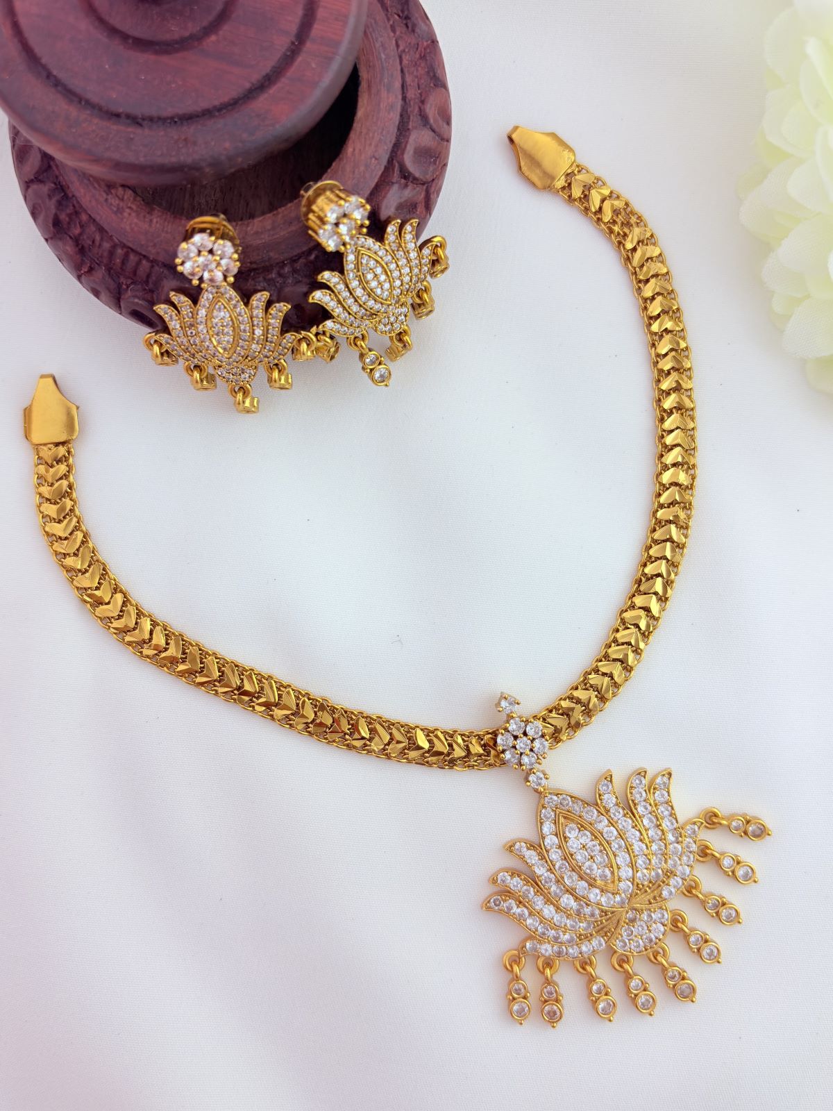 Lotus pendant atttigai pattern and earrings in premium matte finish beatuifully crafted with AD stones