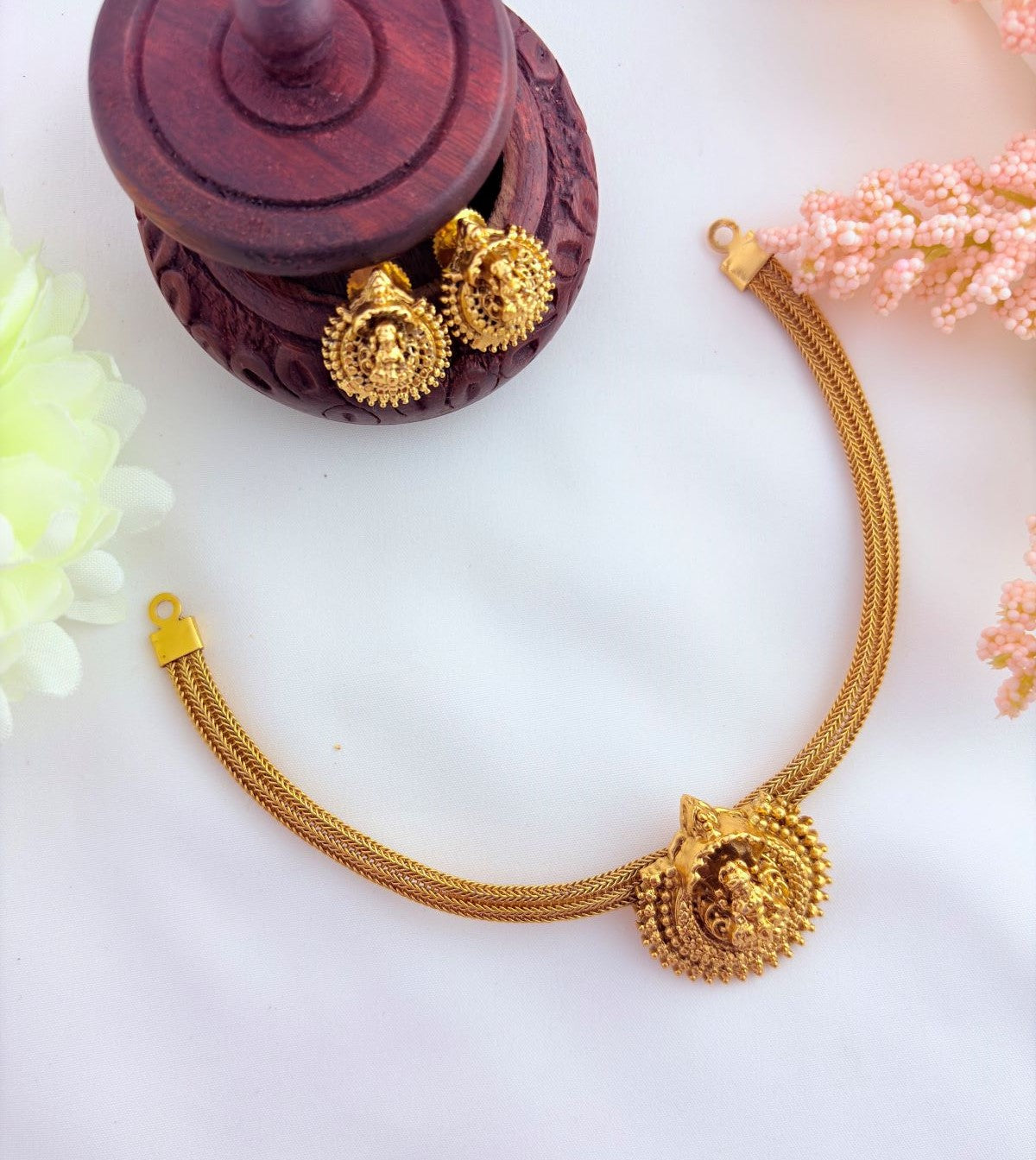 Temple jewellery - Matte finish lakshmi choker with matching earrings