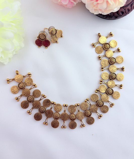 Tradition in modern elegance - Matte finish coin pattern neckset with matching earrings