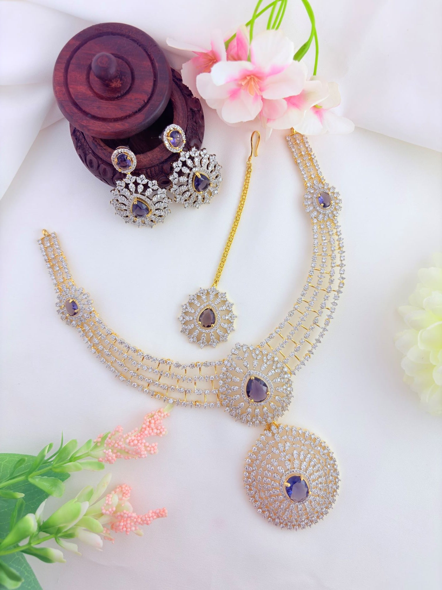Premium AD sones that add brilliance and elegance -GJ finish neckset with earrings and tikka