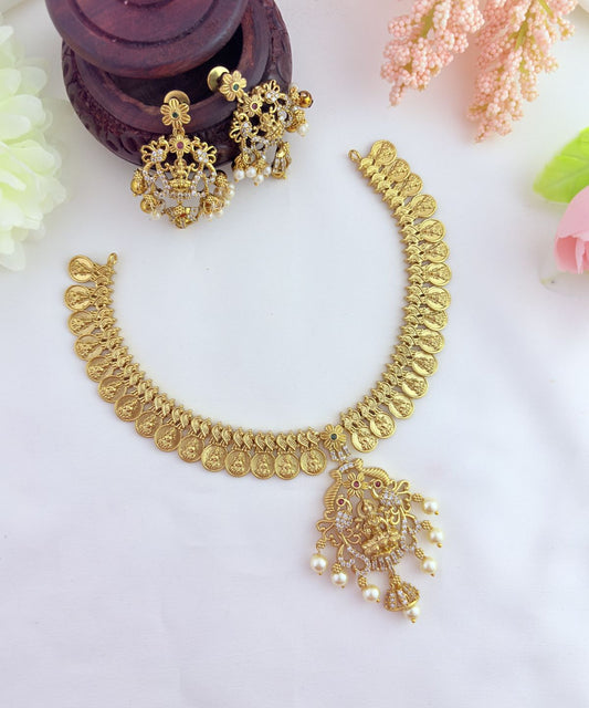 Temple jewellery - Classic temple design with timeless south indian charm- Premium matte finish neckset with matching earrings