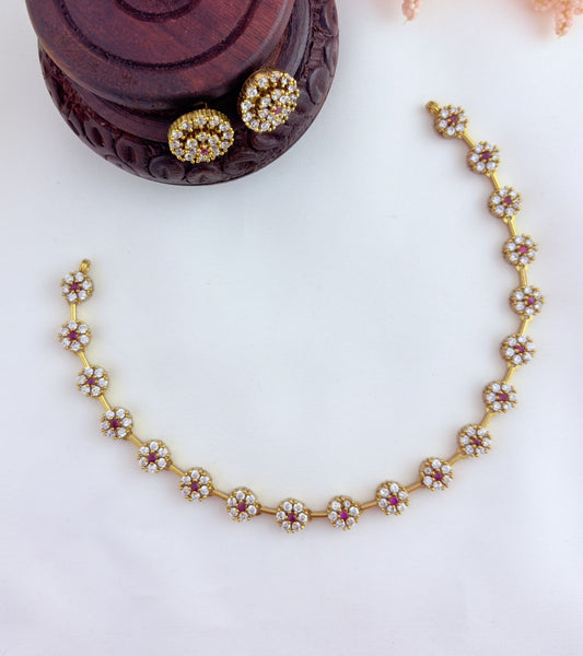 Perfect blend of tradition and elegance - Premium matte finish floral pattern AD stone neckset with matching earrings