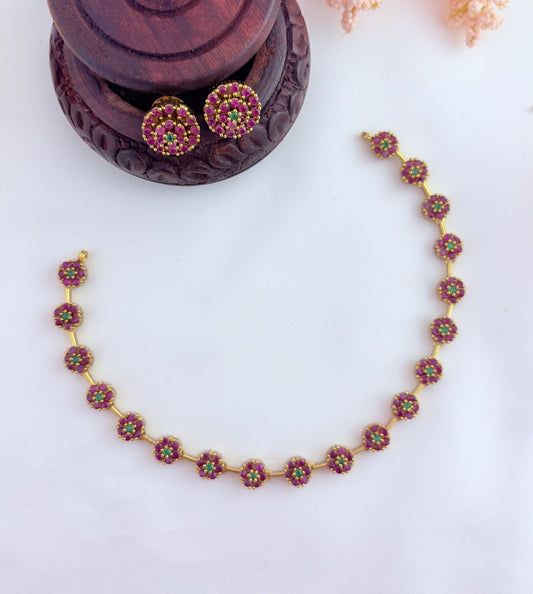 Perfect blend of tradition and elegance - Premium matte finish floral pattern AD stone neckset with matching earrings