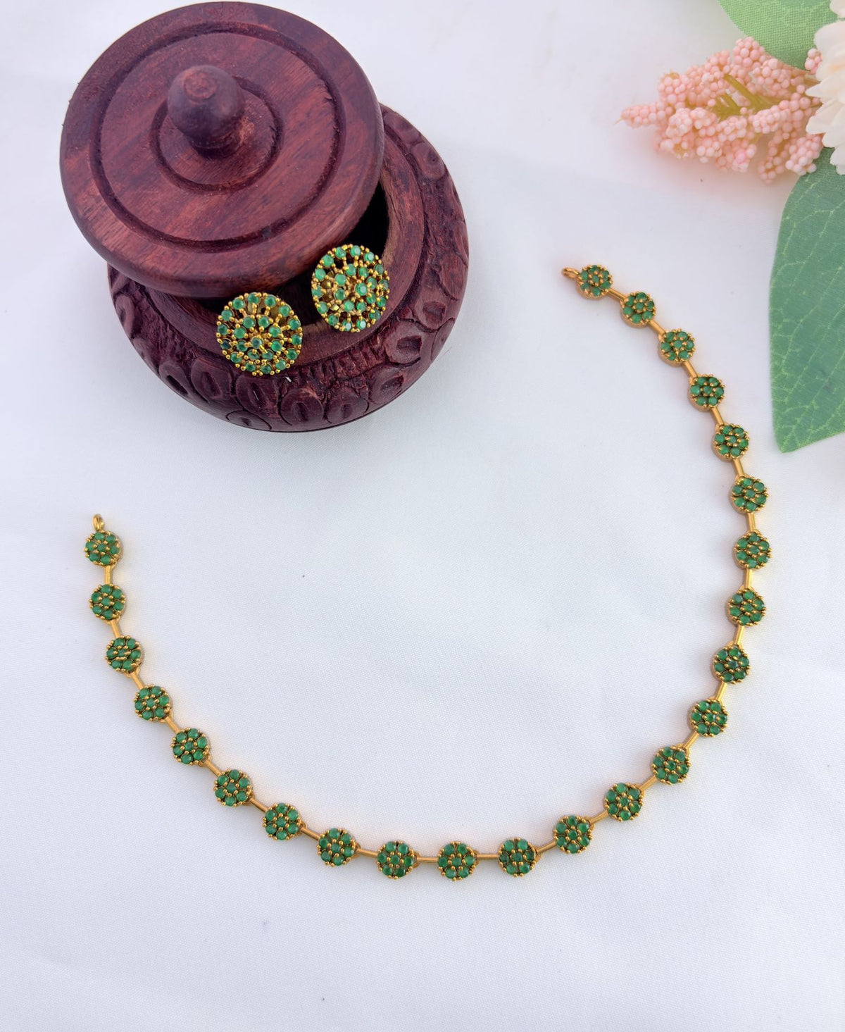 Perfect blend of tradition and elegance - Premium matte finish floral pattern AD stone neckset with matching earrings
