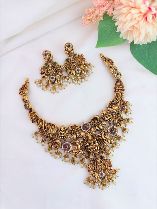 Temple jewellery - Matte finish neckset with matching earrings