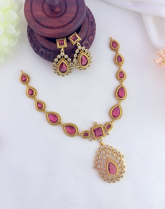 Premium matte finish AD stone neckset with matching earrings - Jothika inspired neckset