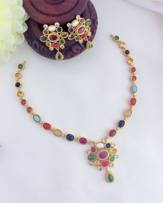 Trending Navaratna neckset in premium matte finish with matching earrings