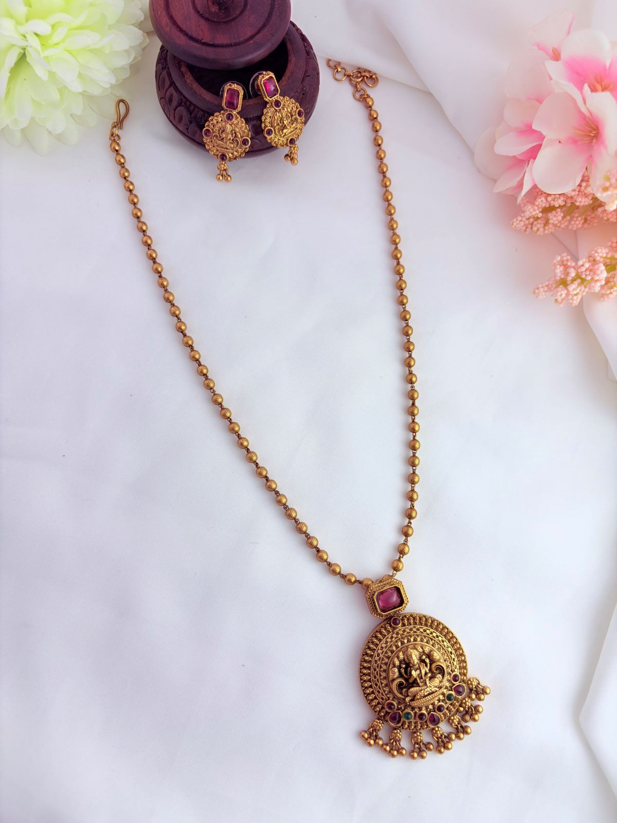 Temple jewellery - Matte finish lakshmi pendant chain with matching earrings