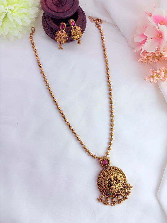Temple jewellery - Matte finish lakshmi pendant chain with matching earrings