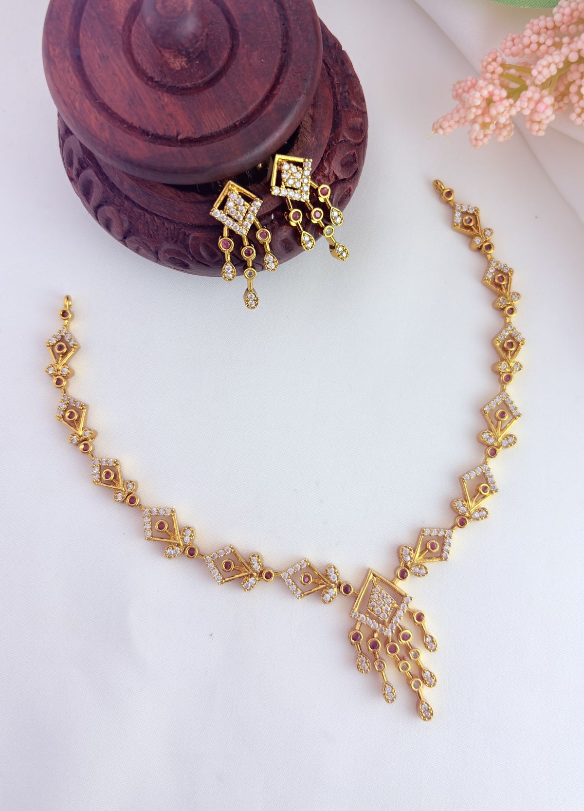 Tradition in modern elegance - Premium matte finish AD stone neckset with matching earrings