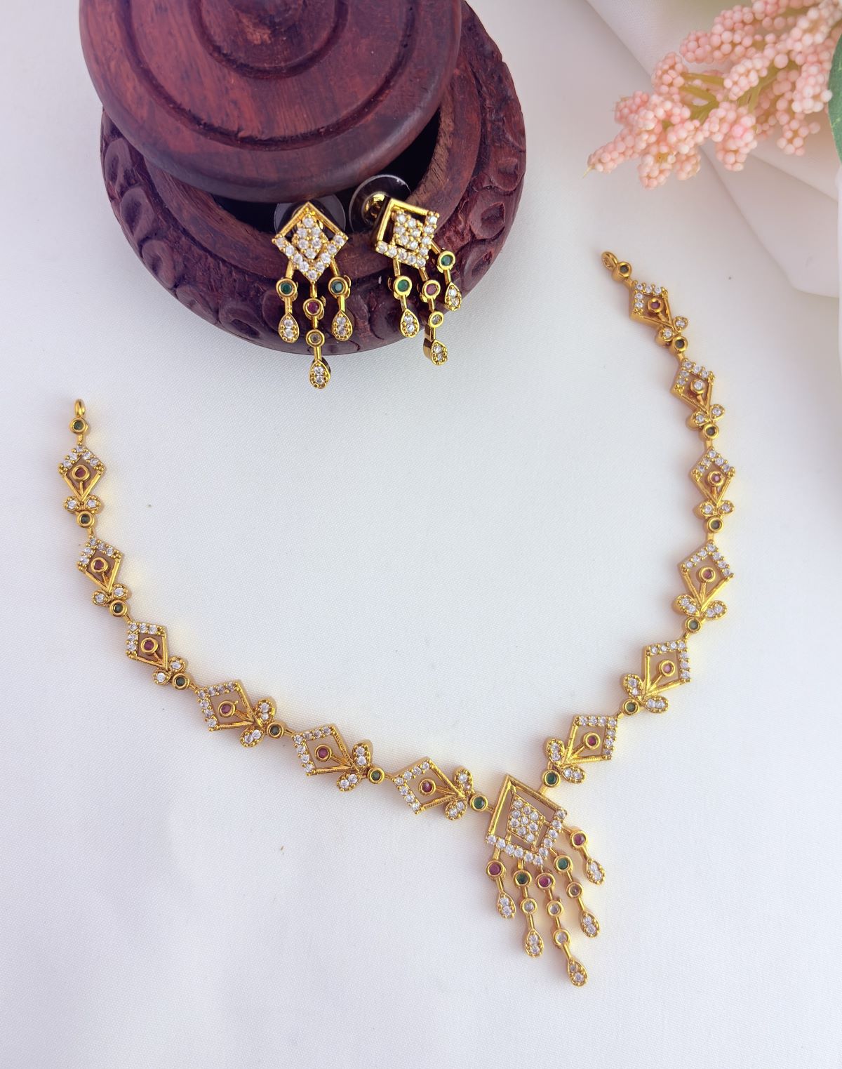 Tradition in modern elegance - Premium matte finish AD stone neckset with matching earrings