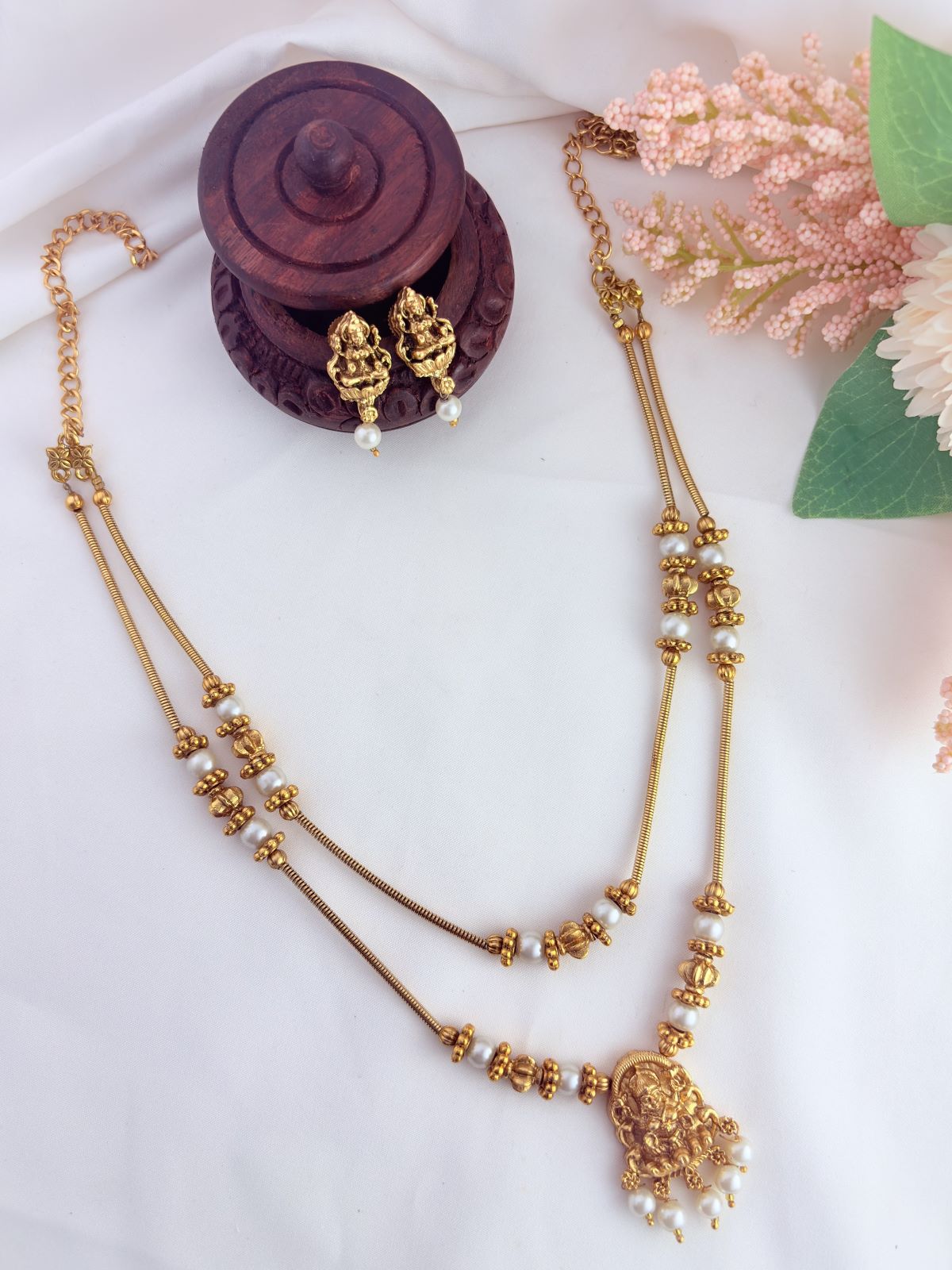 Temple jewellery - Traditional lakshmi pendant two layer chain adorned with beads