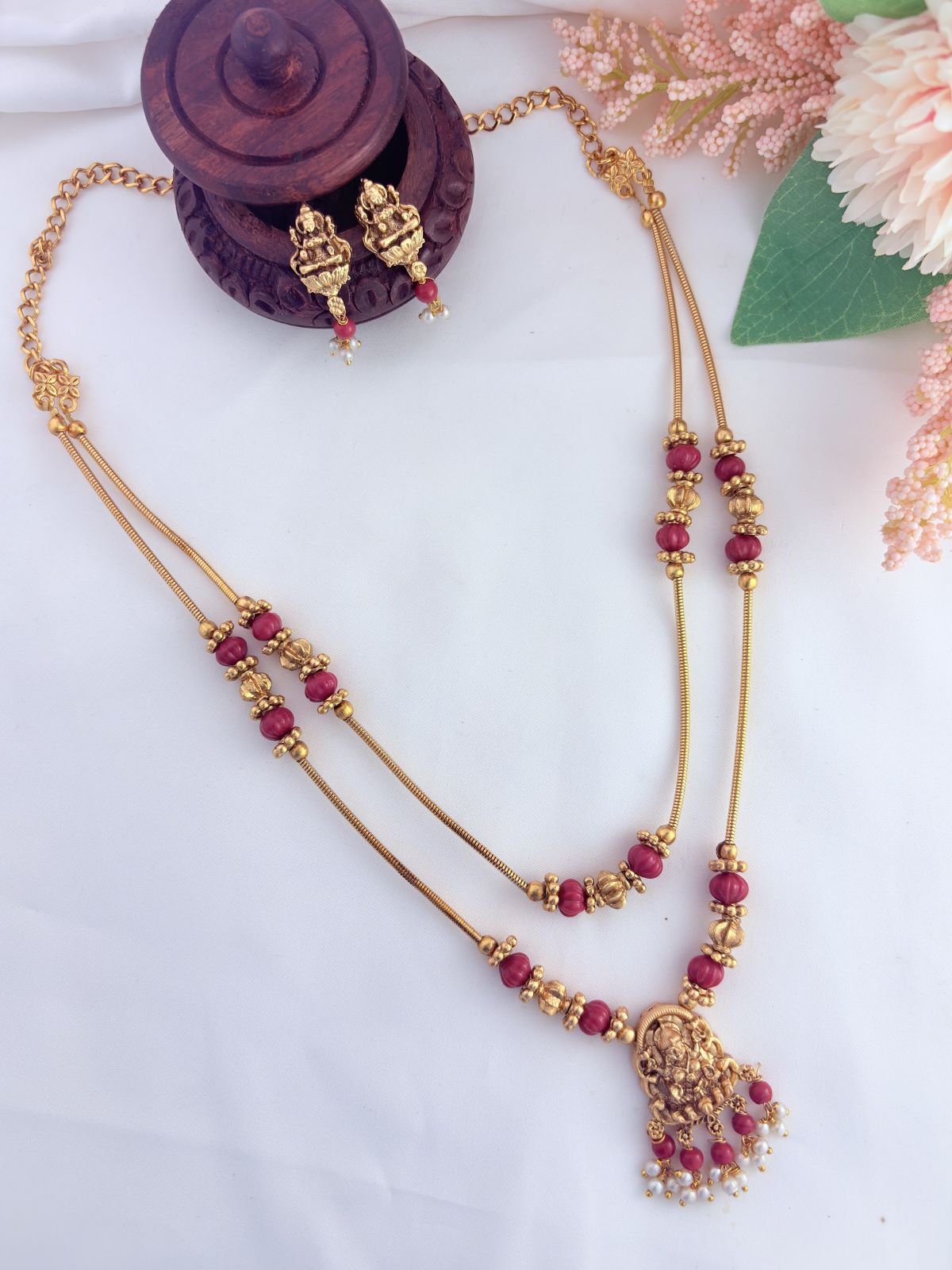 Temple jewellery - Traditional lakshmi pendant two layer chain adorned with beads