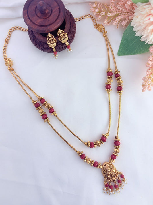 Temple jewellery - Traditional lakshmi pendant two layer chain adorned with beads