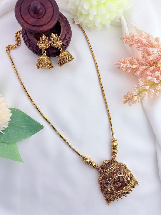 Temple jewellery - Matte finish pendant set with matching jhumka beautifully adorned wtih golden beads