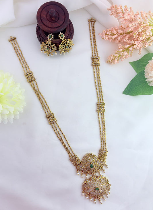 Premium matte finish three layer ball chain haram set with matching earrings
