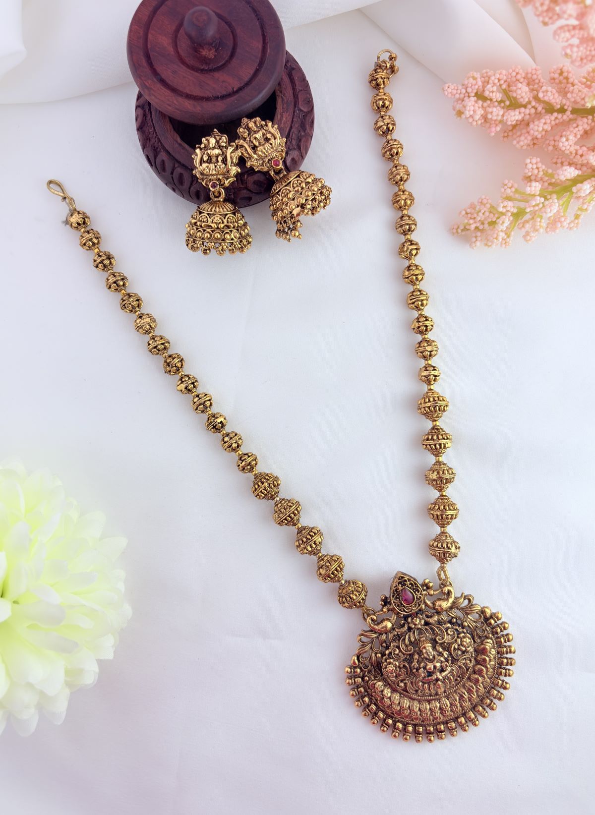 Chettinad collection - Matte finish Lakshmi pendant chain with matching jhumka