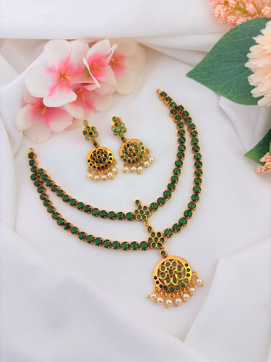 Traditional attigai pattern two layer neckset adorned with pearl drops