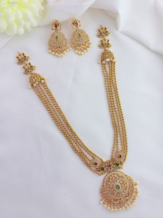 Premium matte finish five layer ball chain haram beautifully crafted with AD stone and pearls
