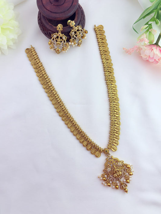 Premium matte finish lakshmi pendant chain in traditional kaasu maala with matching earrings