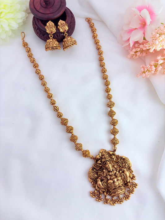 Chettinad collection  - Matte finish lakshmi pendant chain beautifully crafted with golden beads