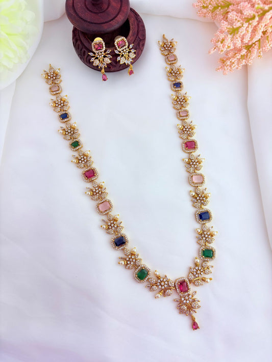 Elegant haram featuring vibrant AD stones, pearls in premium matte finish