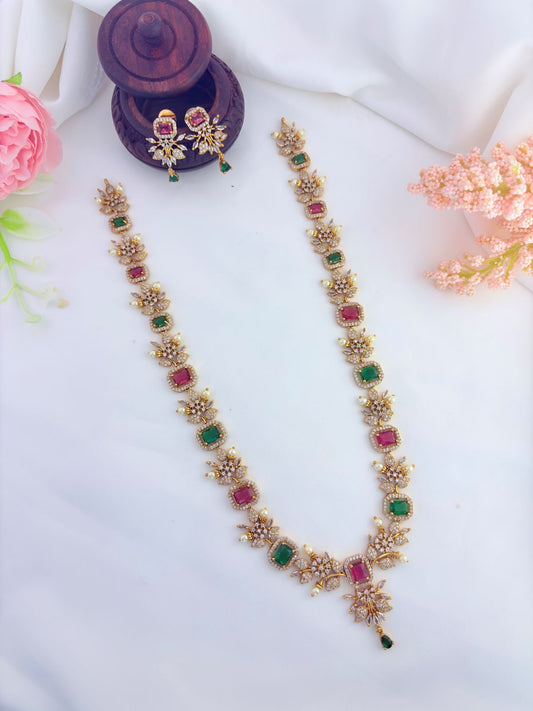 Elegant haram featuring vibrant AD stones, pearls in premium matte finish