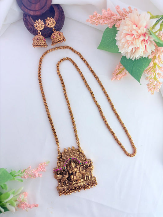Temple jewellery - Matte finish lakshmi pendant chain with matching jhumka- 30 inches length