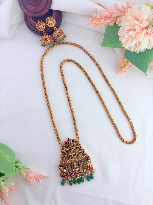 Temple jewellery - Matte finish lakshmi pendant chain with matching jhumka- 30 inches length