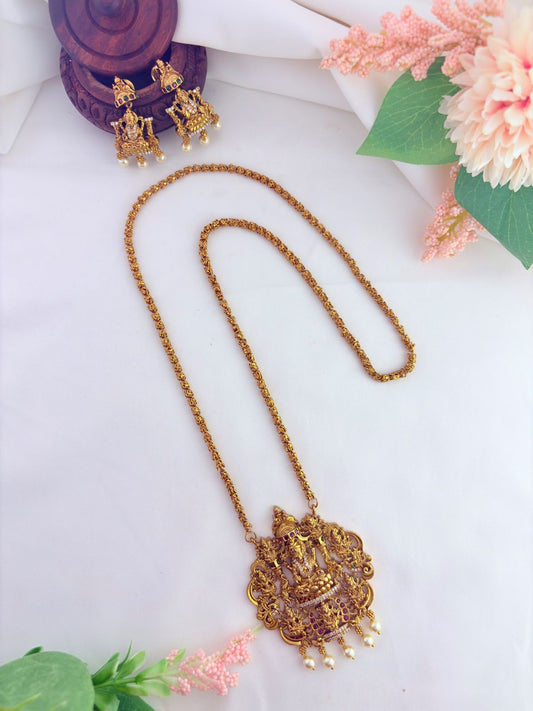 Temple jewellery - Matte finish lakshmi pendant chain with matching jhumka- 24 inches length