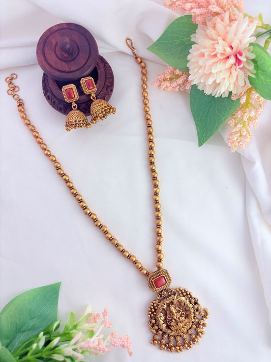 Temple jewellery - Matte finish lakshmi pendant chain with matching jhumka