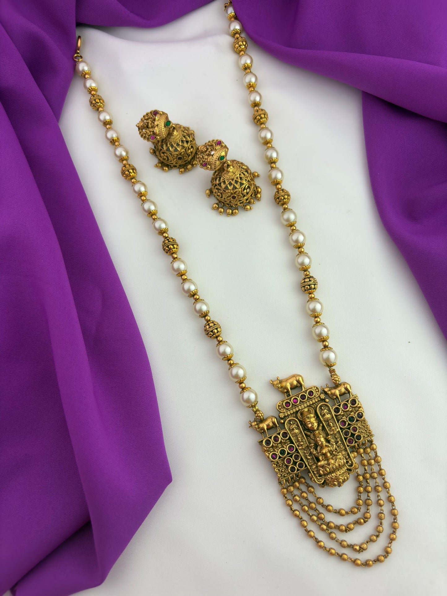 Elegant Lakshmi pendant pearl haram inspired by South Indian temple jewellery