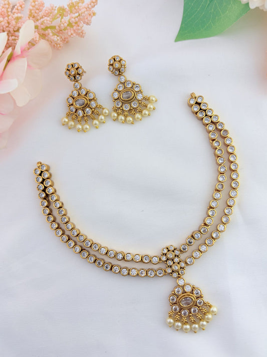 Tradition in modern elegance - Two layer AD neckset beautifully crafted with pearl drops