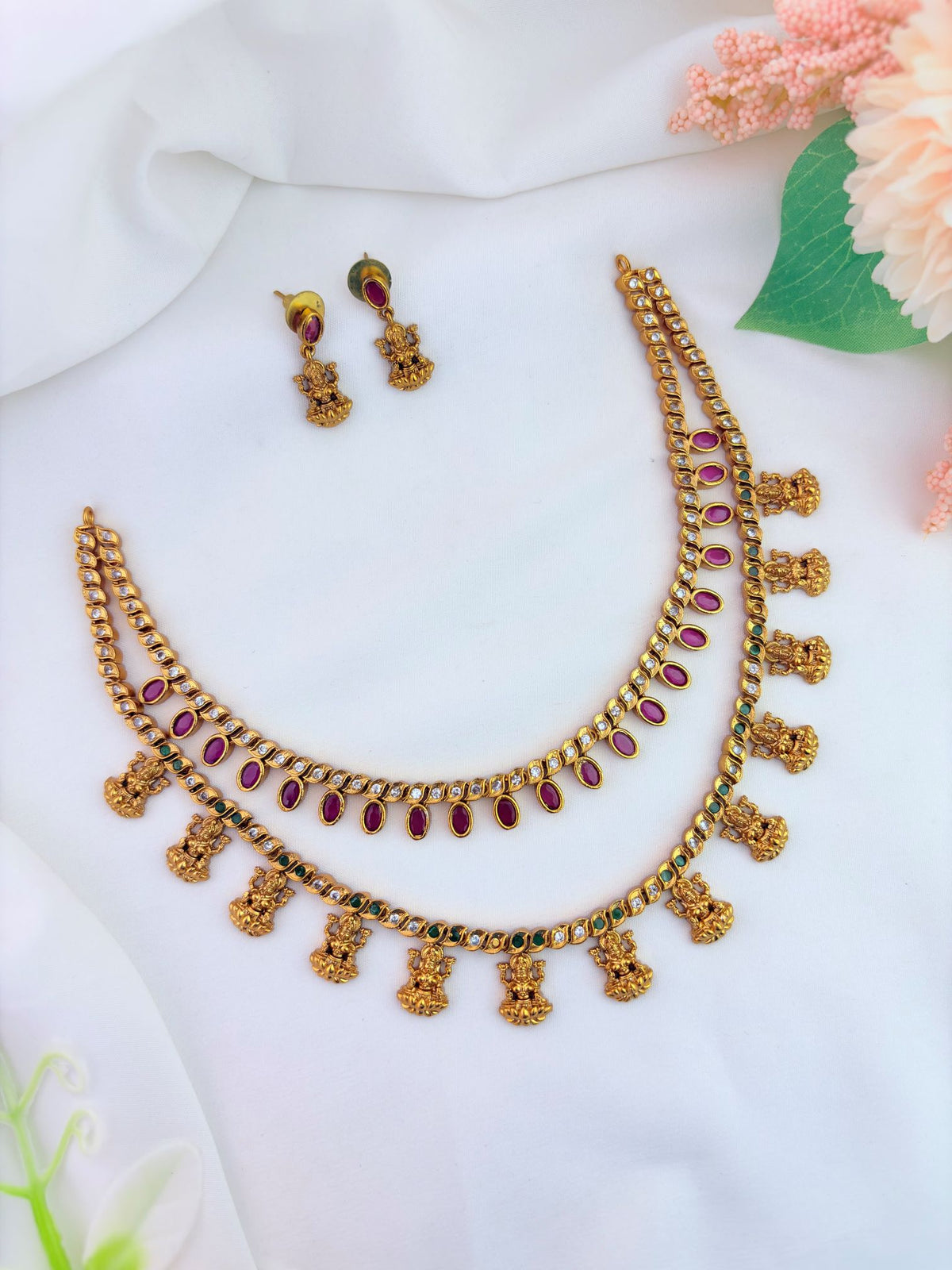 Premium matte two layer lakshmi pendant neckset with matching earrings