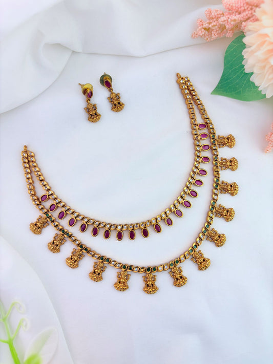 Premium matte two layer lakshmi pendant neckset with matching earrings