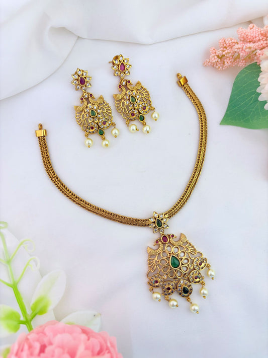 Tradition in modern elegance - Premium matte finish attigai pattern neckset adorned with pearls