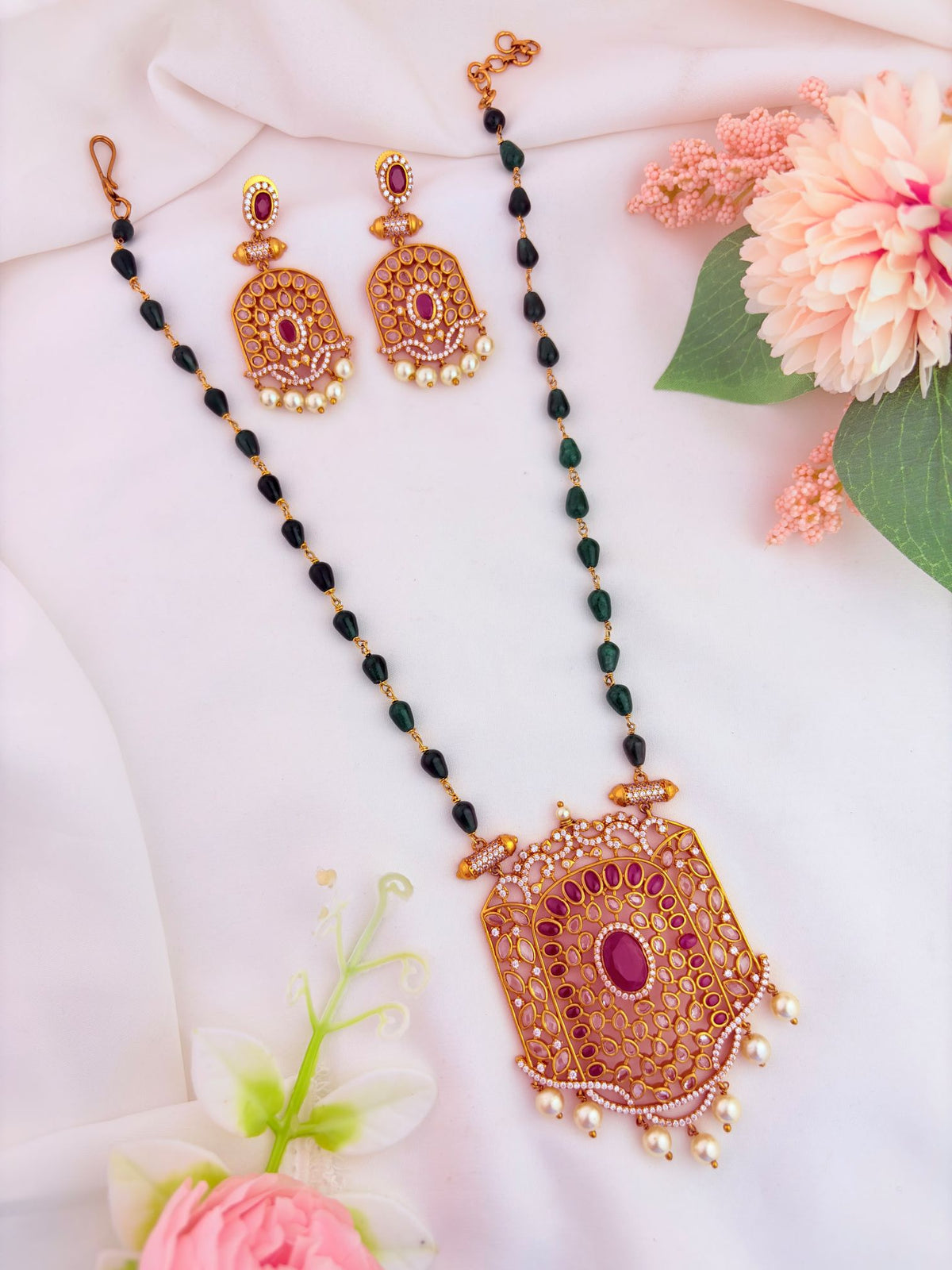 Premium matte finish green bead mid haram set with matching earrings